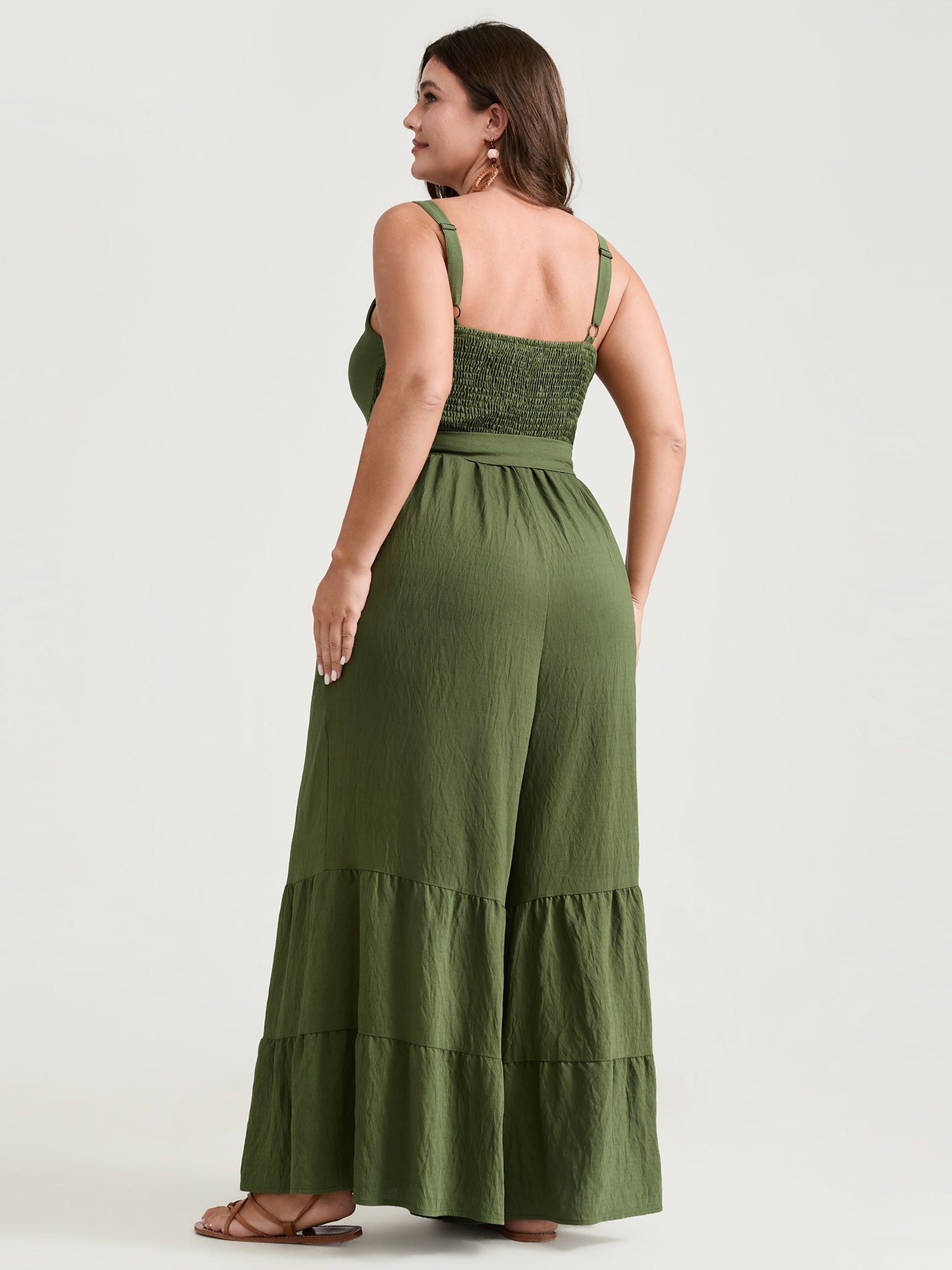 Stretchy Waist Ruffled Hem Pockets Jumpsuit