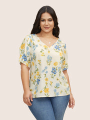 Floral & Butterfly V Neck Bishop Sleeve Blouse