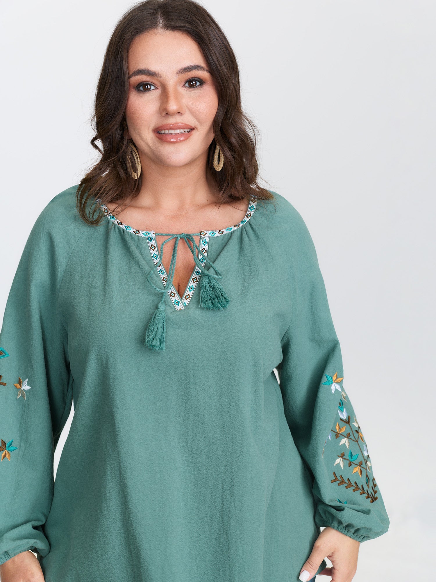 Cotton Floral Embroidered Sleeve Neckline Tie Blouse