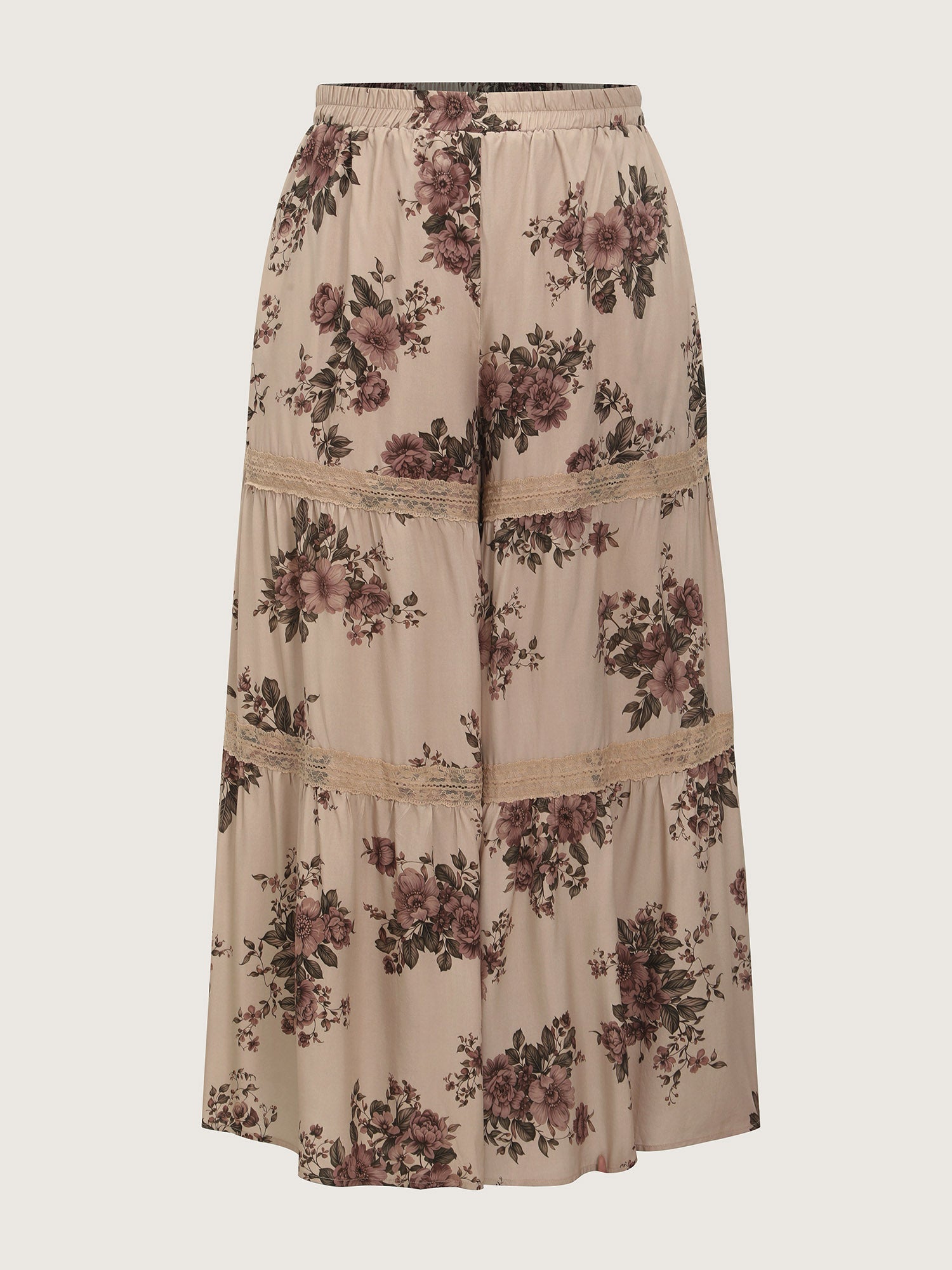 Floral Print Tiered Lace Trim Pants