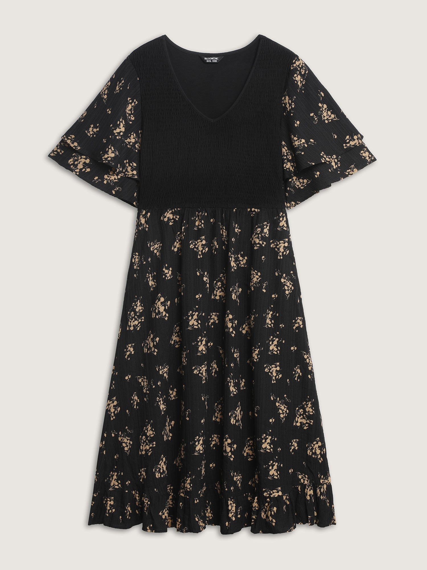 Floral Shirred Color Contrast Midi Dress