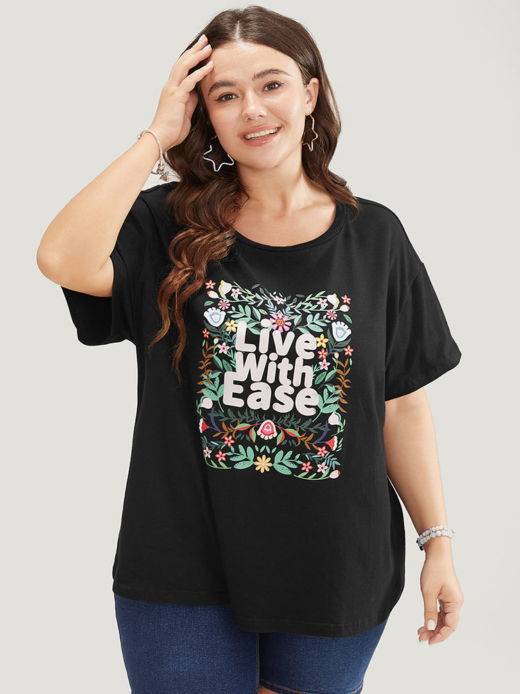 Floral & Slogan Print Slightly Stretchy Casual T-shirt