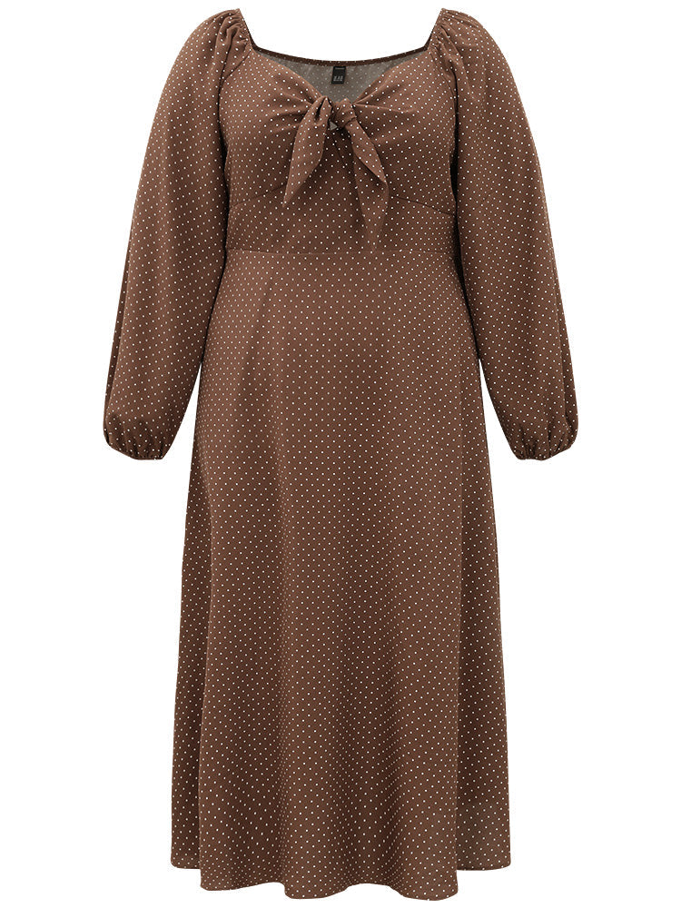 Polka Dot Knot Neck Lantern Sleeve Dress