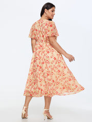 Floral Print Triangular Waist Shirred Midi Dress