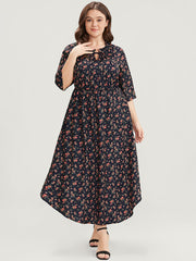 Ditsy Floral Frill Trim Tie Neck Pocket Arc Hem Dress