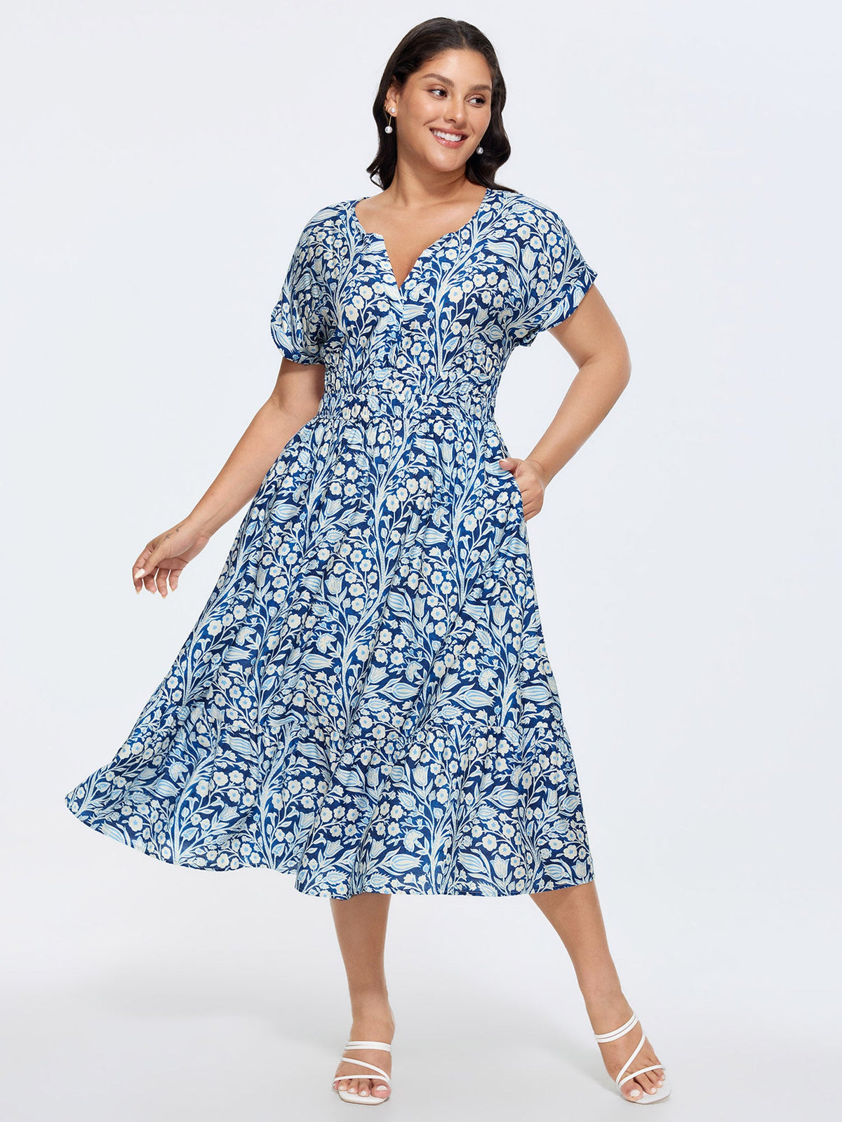 Floral Print Cinched-Waist Midi Dress
