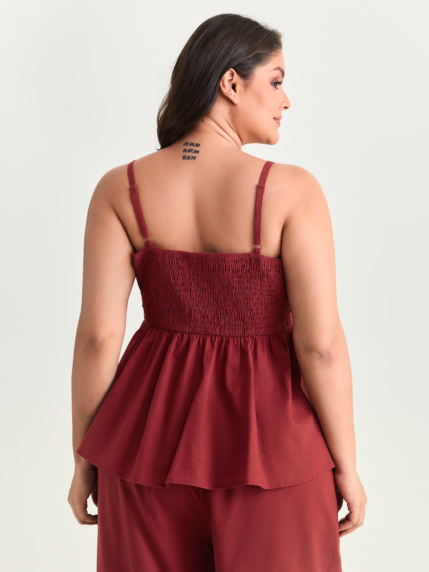 Cotton Linen Shirred Drawstring Neckline Tank Top