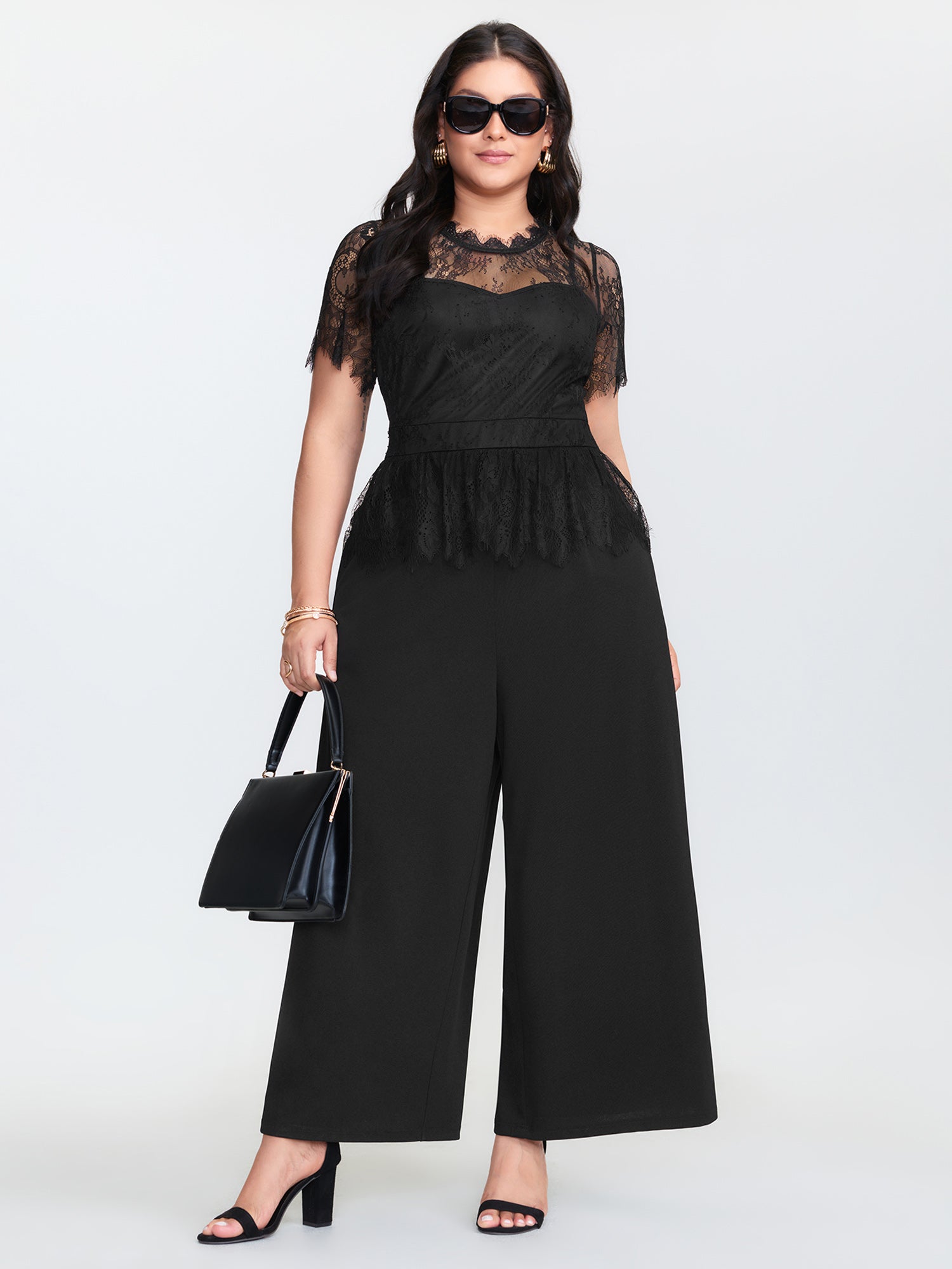 Sheer Lace Neckline Ruffled Waist Jumpsuit