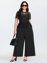 Sheer Lace Neckline Ruffled Waist Jumpsuit
