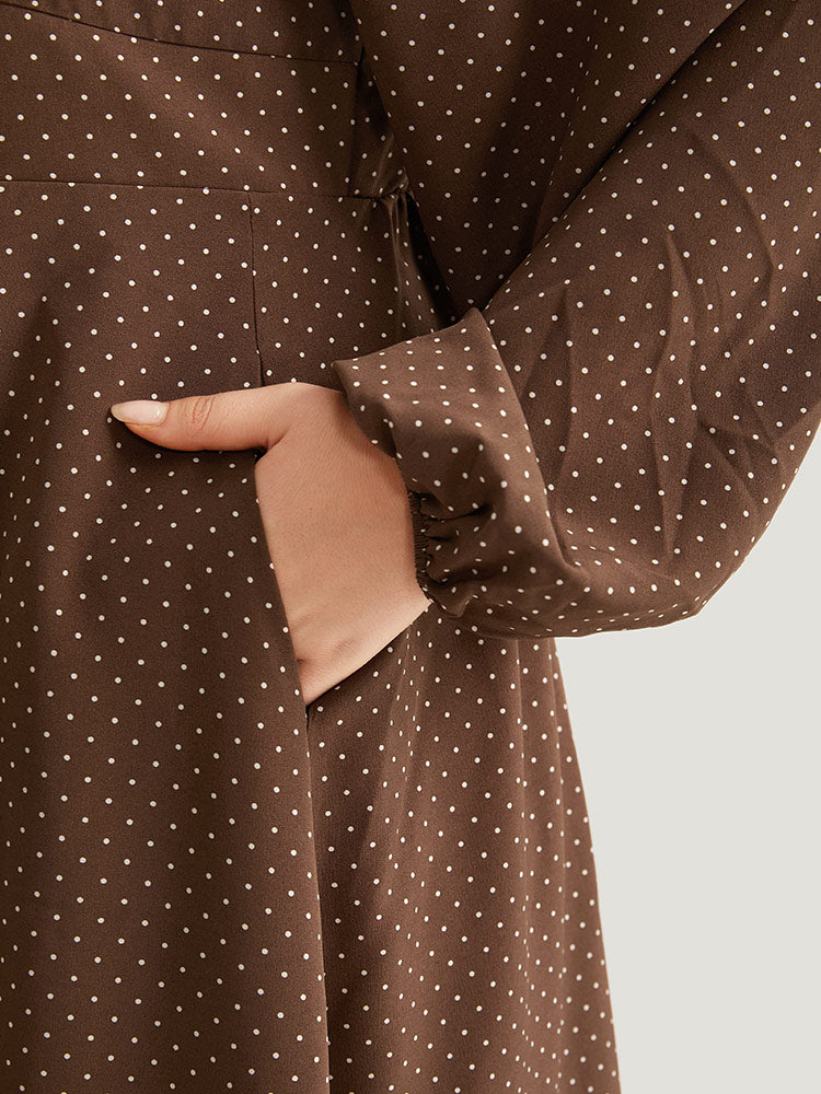 Polka Dot Knot Neck Lantern Sleeve Dress