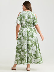Tropical Floral Print Cut-Out Shoulder Maxi Dress