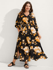Large Flower Print Button Slit Maxi Dress