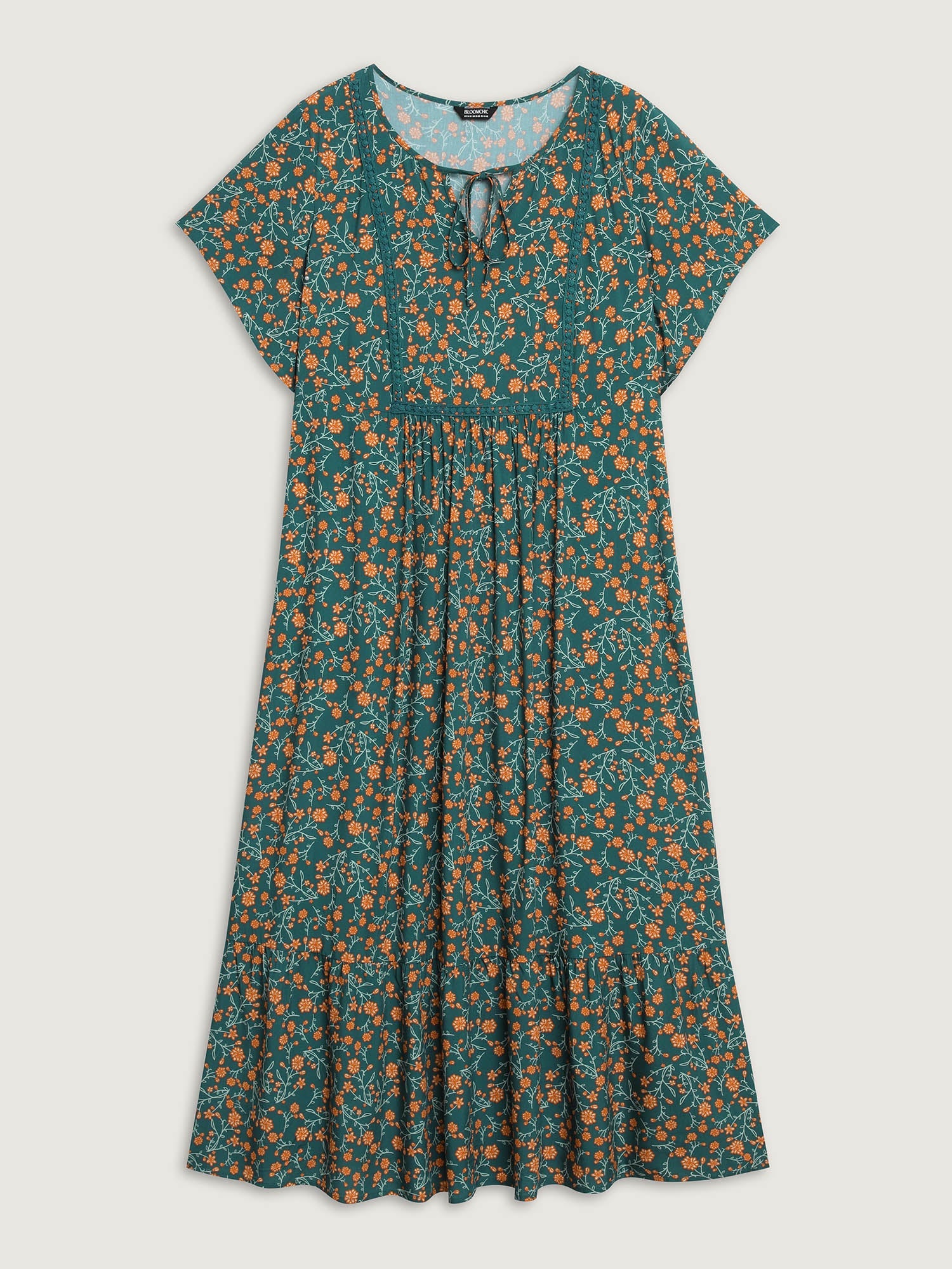 Rayon Floral Print Neck Tie Pockets Maxi Dress