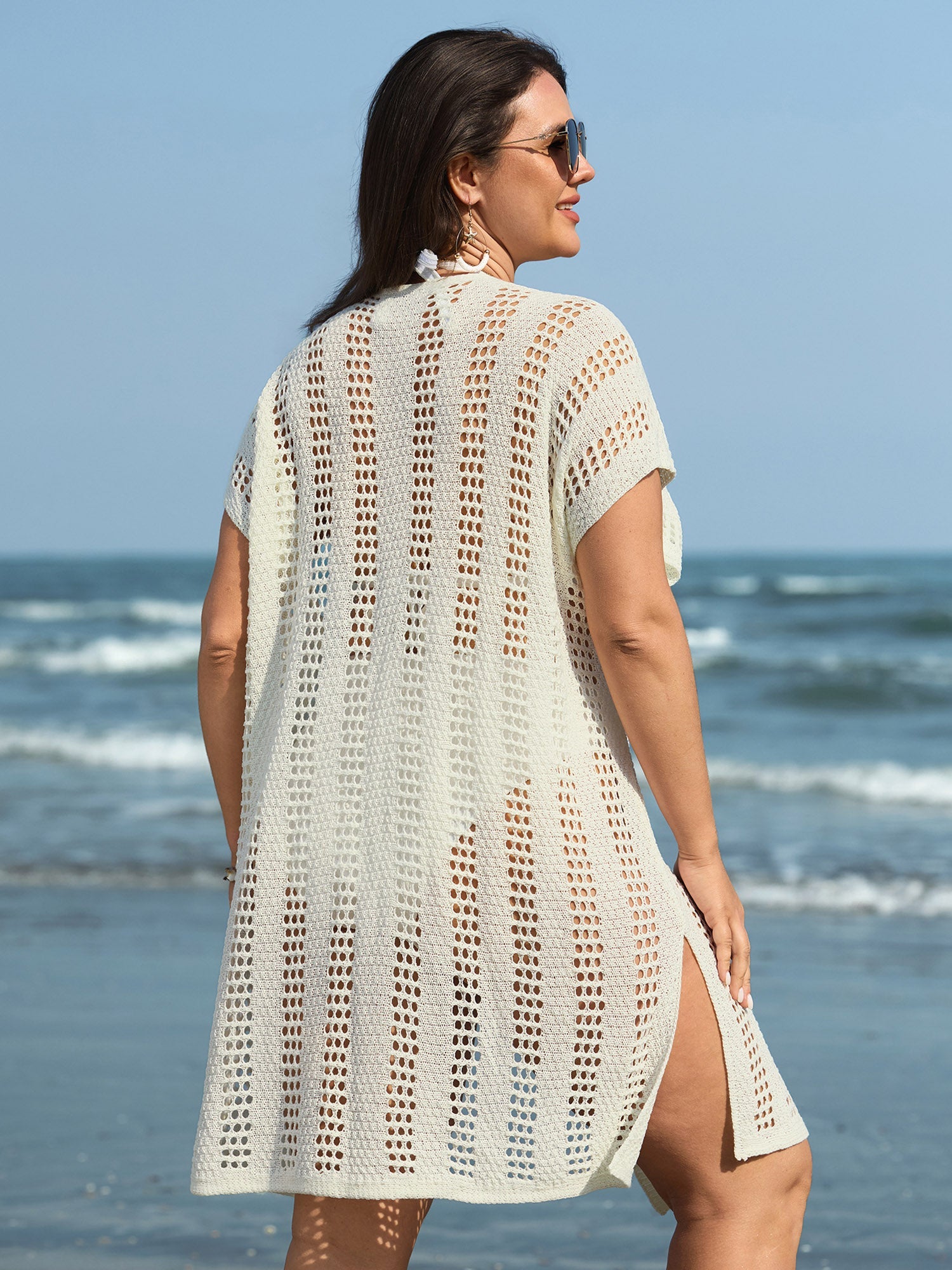 Hollow Textured Front-Tie Swim Cover-Up