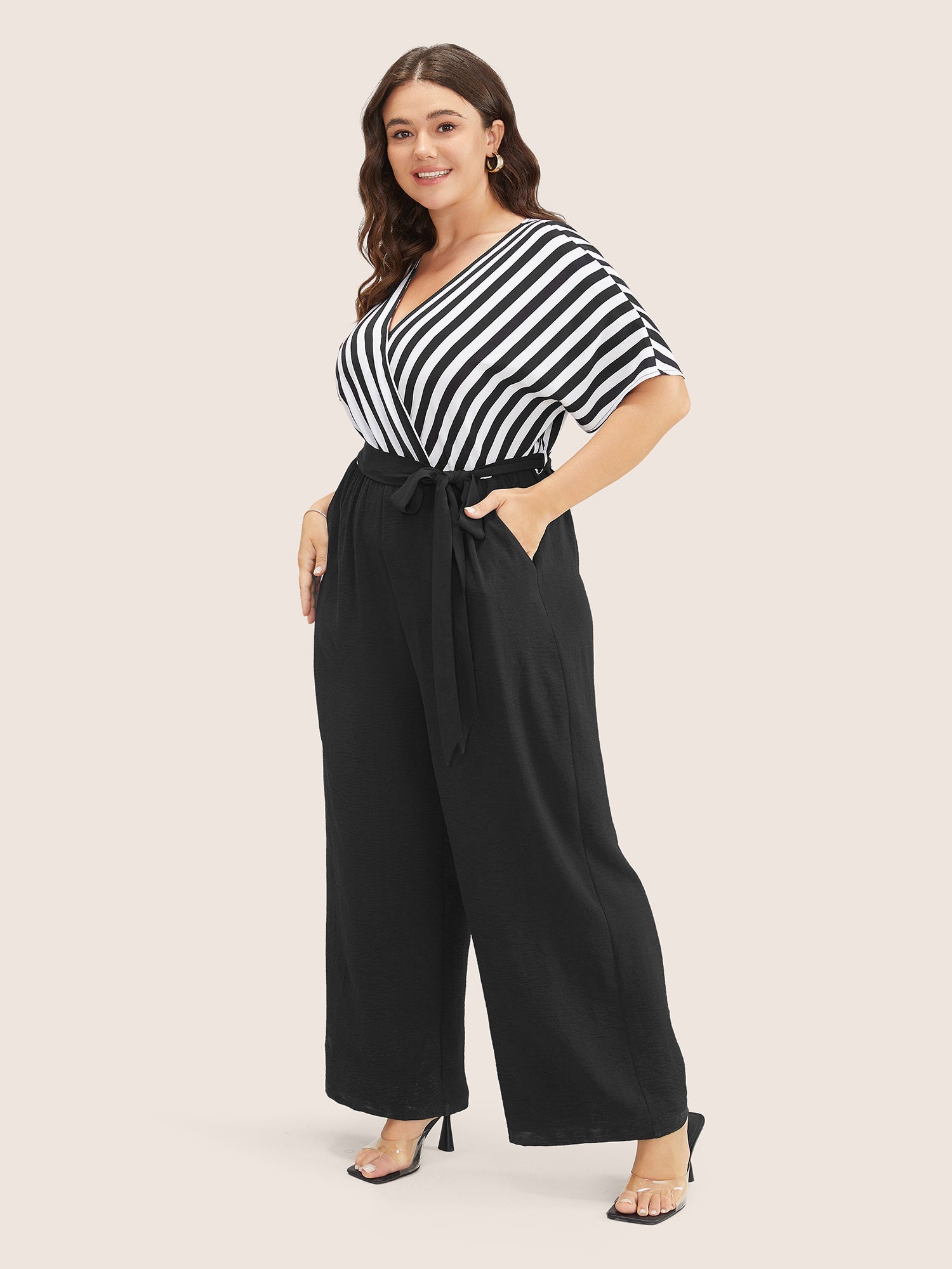 Striped Patchwork Pocket Batwing Sleeve Belted Wrap Jumpsuit