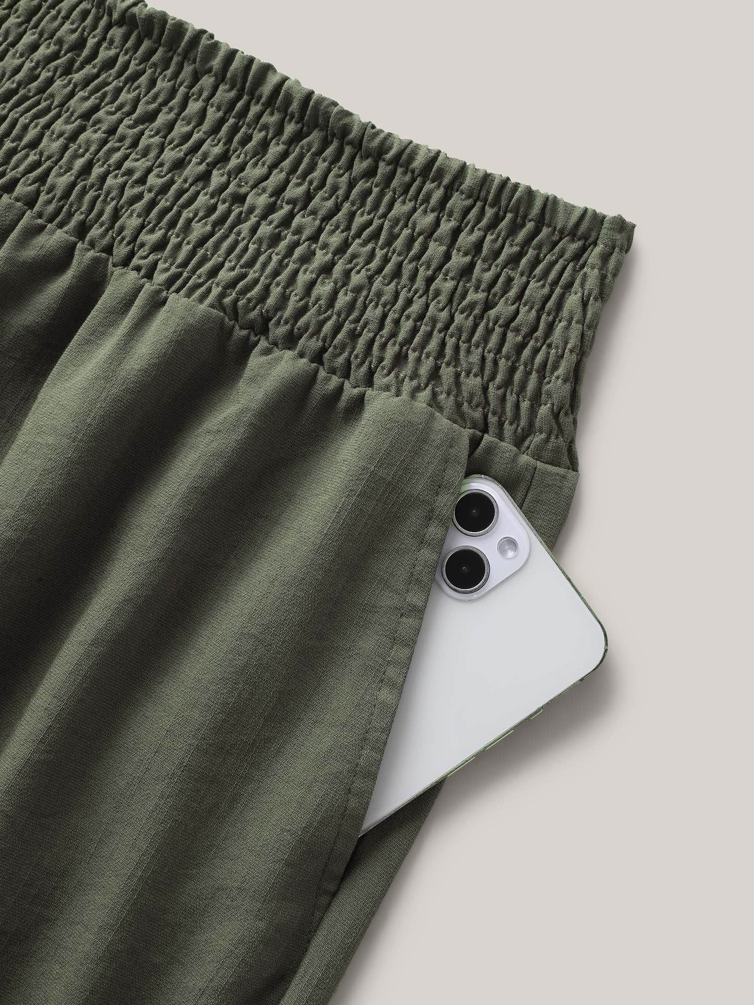 Shirred Waist Wide-Leg Solid Pants