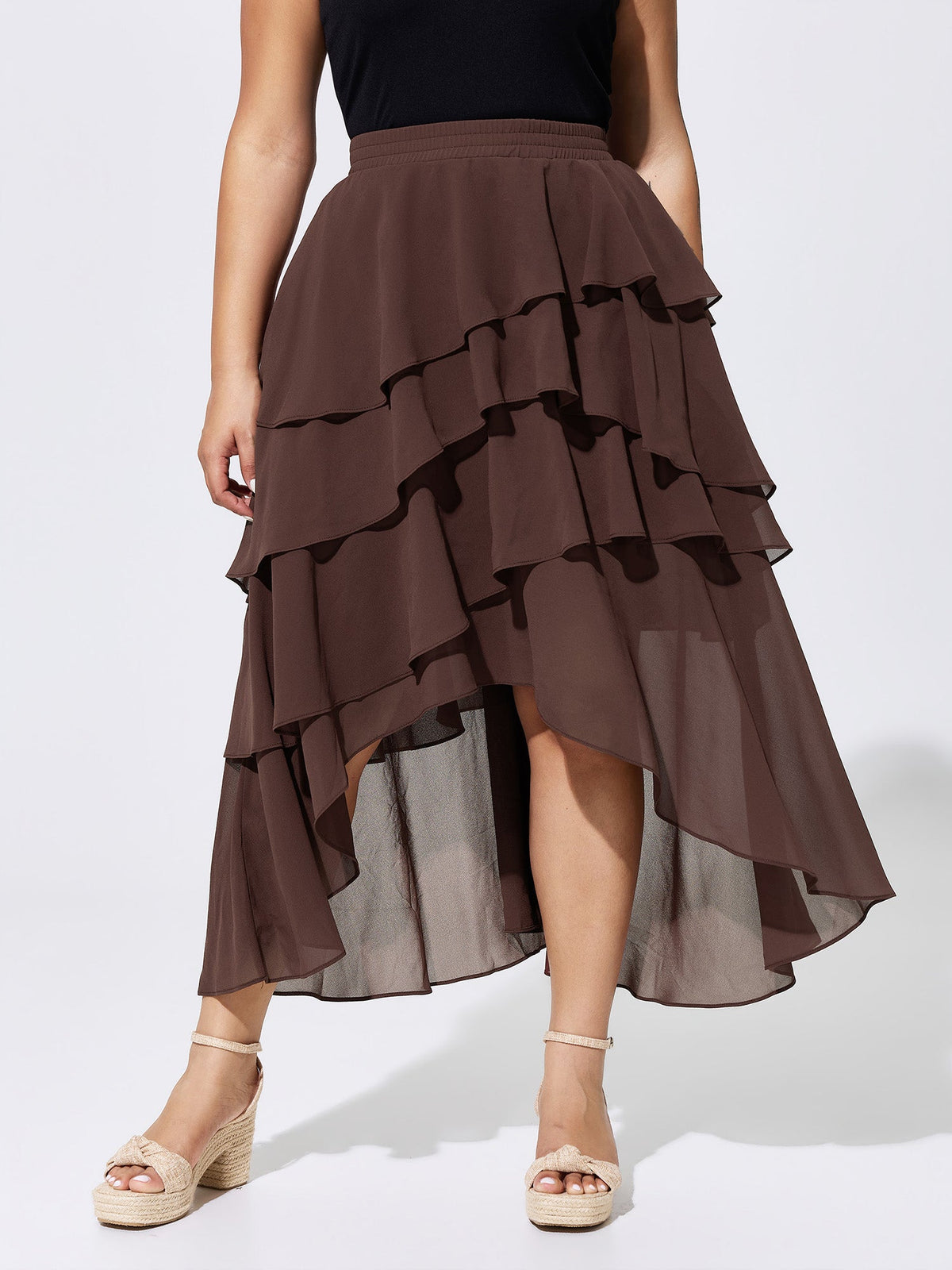 Ruffled Tiered Flowy Asymmetrical Maxi Skirt