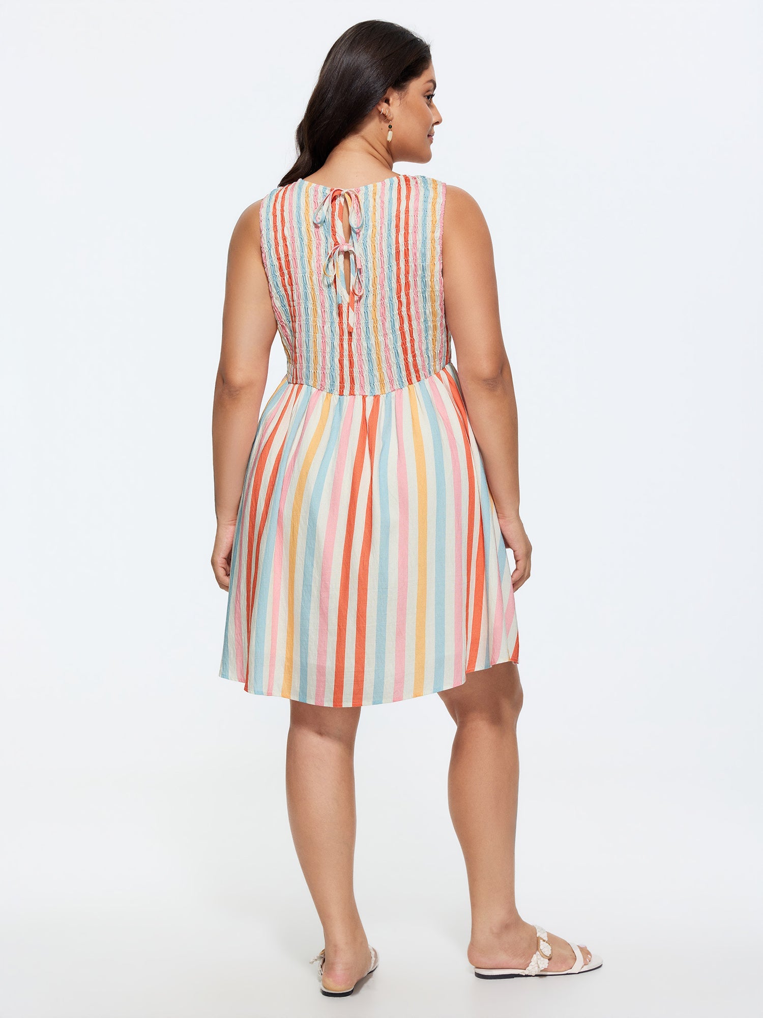 Colorful Striped Print Shirred Mini Dress
