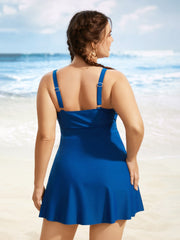 U Neck Solid Tiered Slit Hem Swim Dress