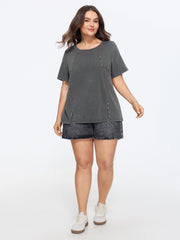 Beadwork Split Hem Plain T-Shirt