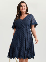 Polka Dot Textured Lace Trim Mini Dress