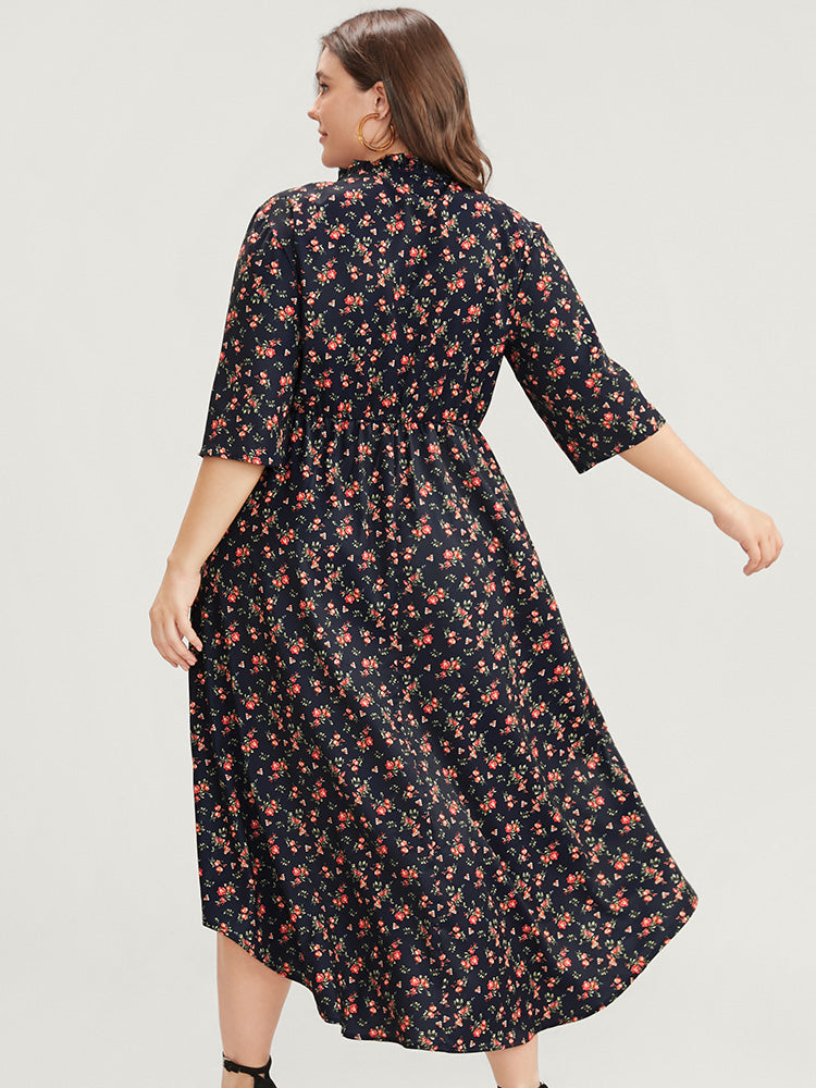Ditsy Floral Frill Trim Tie Neck Pocket Arc Hem Dress