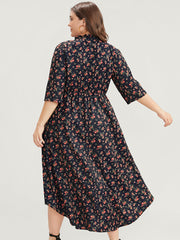 Ditsy Floral Frill Trim Tie Neck Pocket Arc Hem Dress