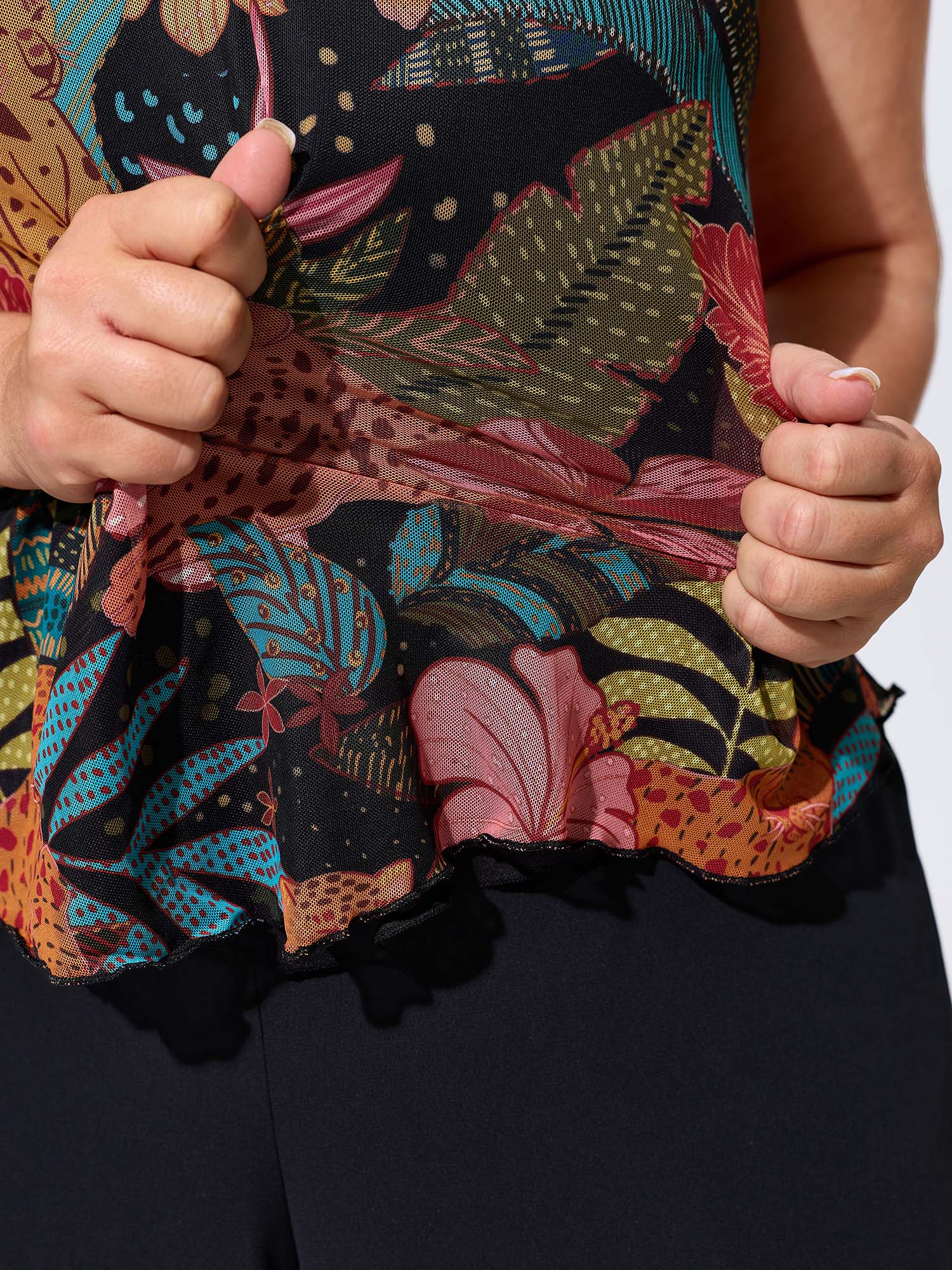 Stretchy Tropical Print Neck-Tie Jersey Top