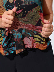 Stretchy Tropical Print Neck-Tie Jersey Top