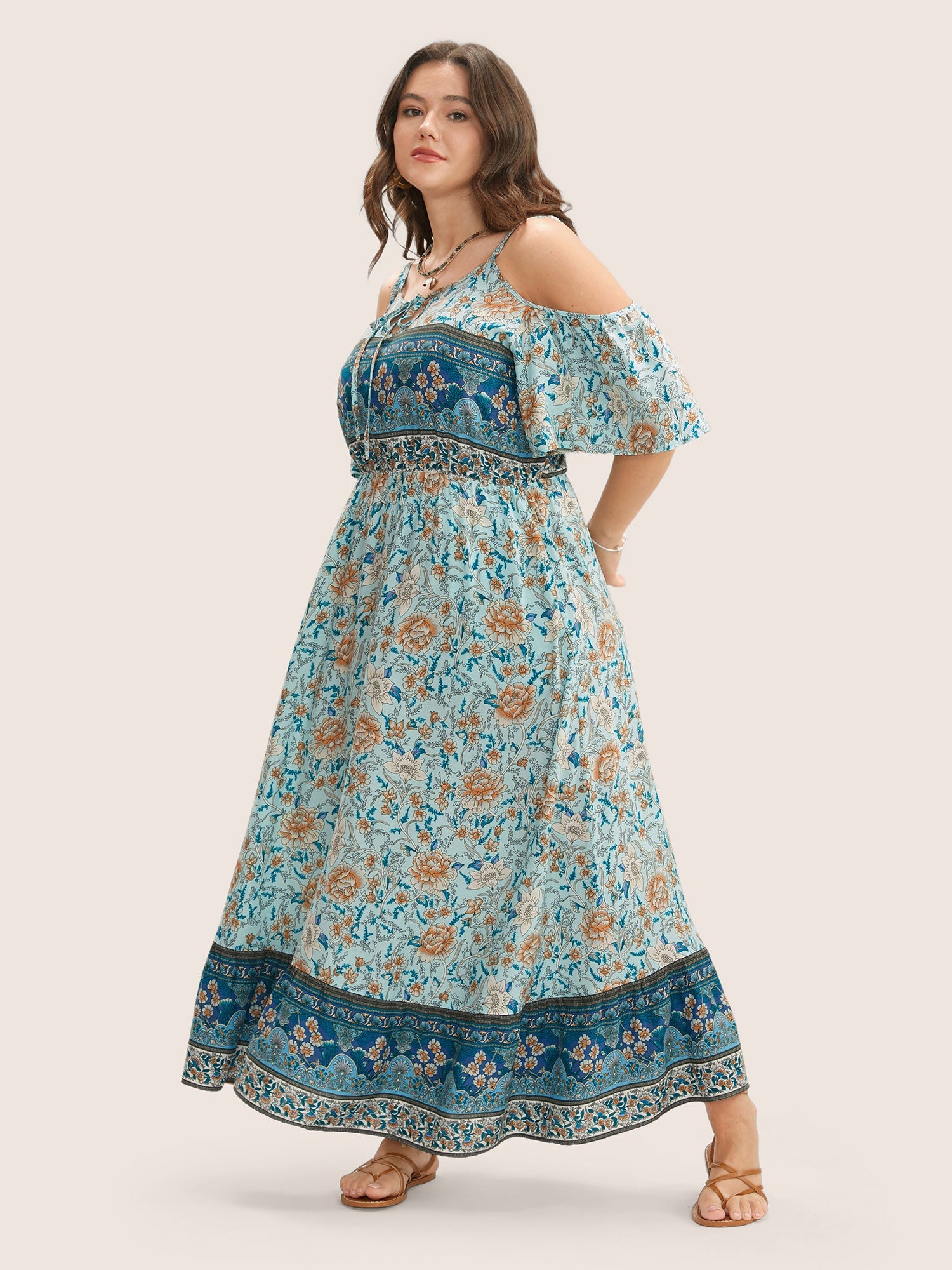 Floral Print Pocket Keyhole Ruffles Cold Shoulder Maxi Dress