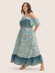 Floral Print Pocket Keyhole Ruffles Cold Shoulder Maxi Dress