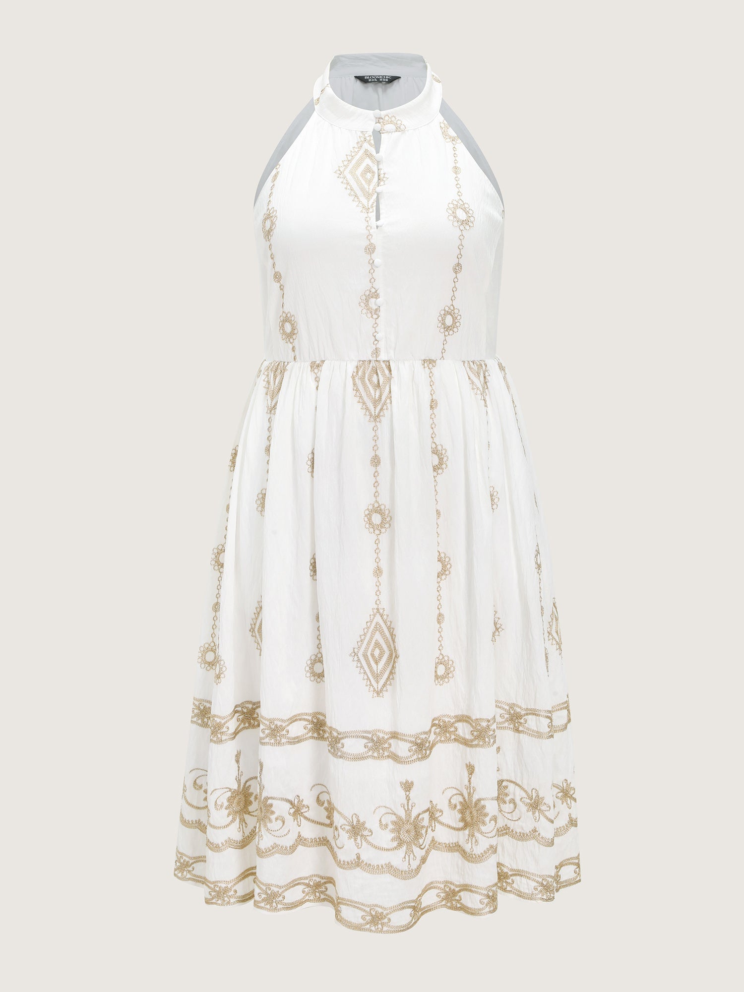 Geometric Embroidered Halter Neckline Midi Dress