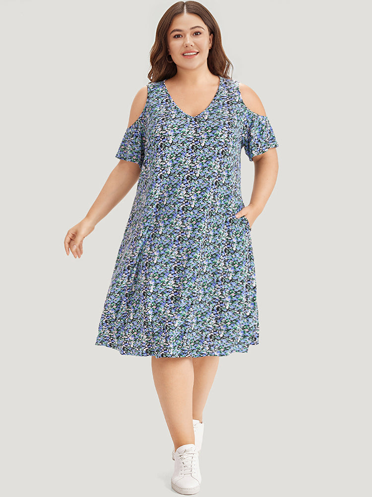 Ditsy Floral Pocket Cold Shoulder Dress