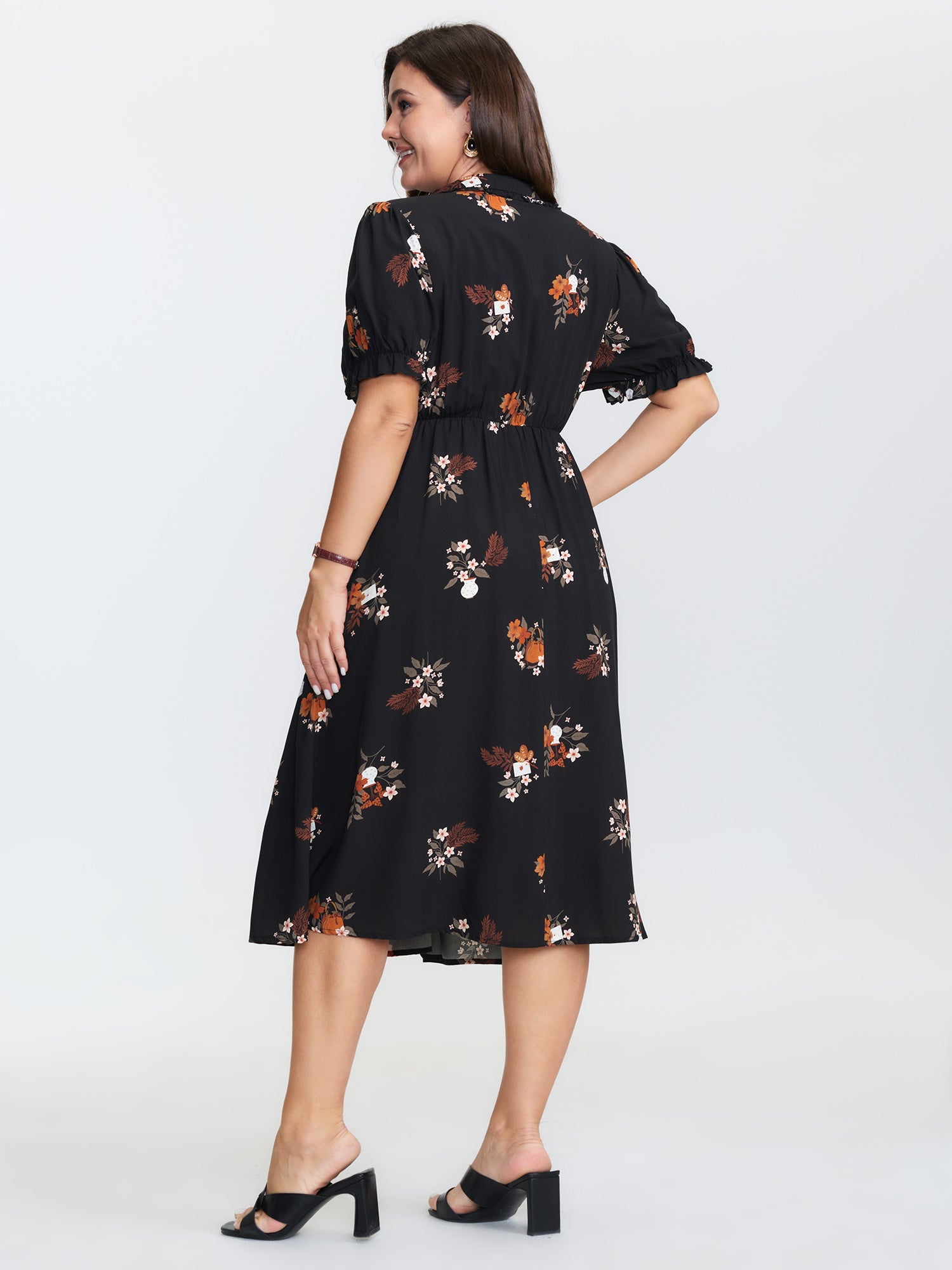 Retro Floral Print Cinched-Waist Midi Dress