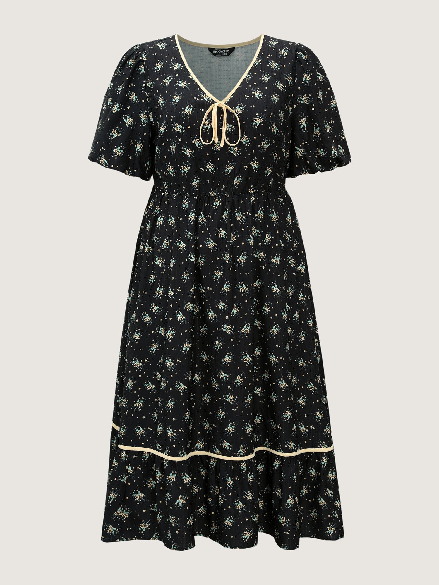 Floral Print Neck Tie Contrast Midi Dress