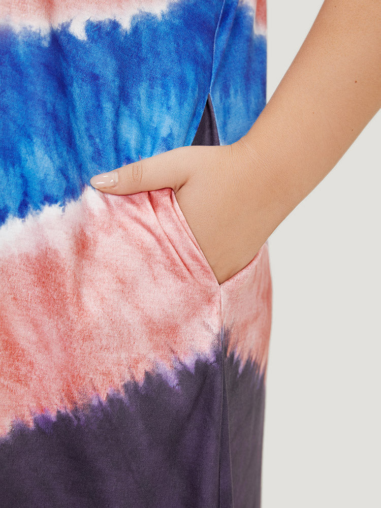 Geometric Contrast Pocket Tie Dye Midi Dress
