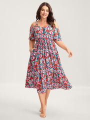 Floral Print Off-Shoulder Pockets Midi Dress