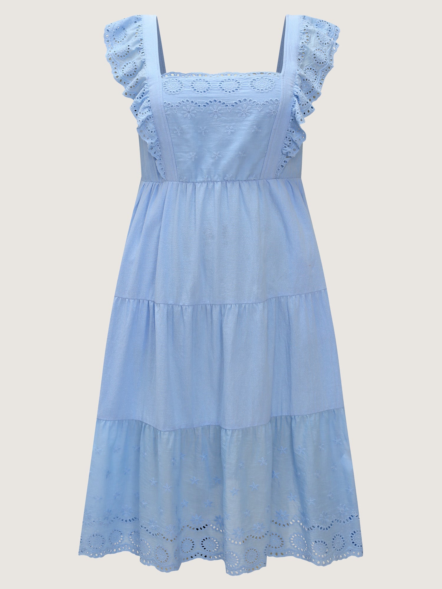 Cotton Flutter Sleeve Tiered Plain Midi Dress