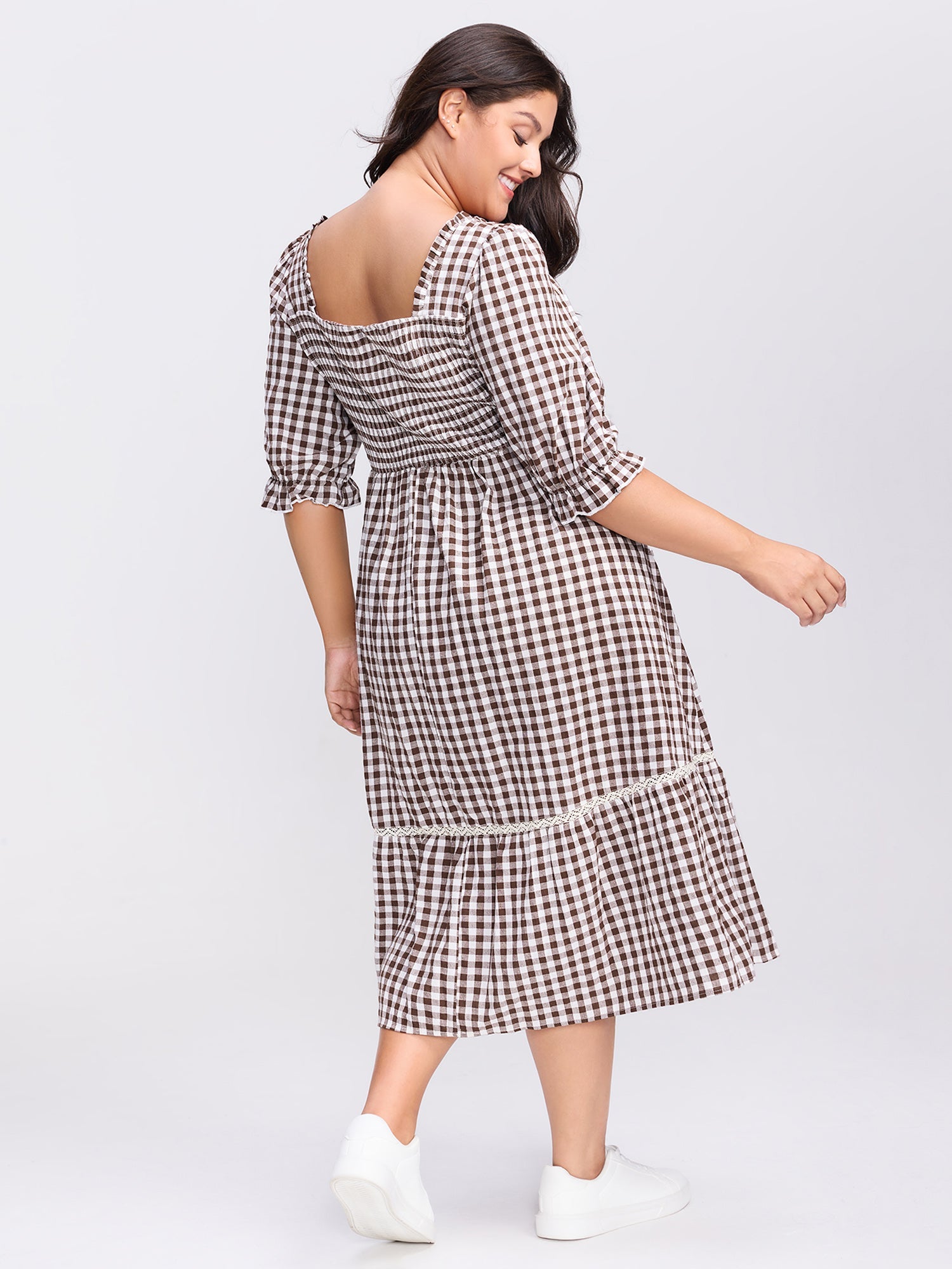 Gingham Lace Shirred Tiered Midi Dress