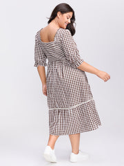 Gingham Lace Shirred Tiered Midi Dress