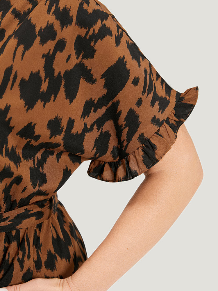 Brush Print Ruffles Wrap Belted Pocket Dress