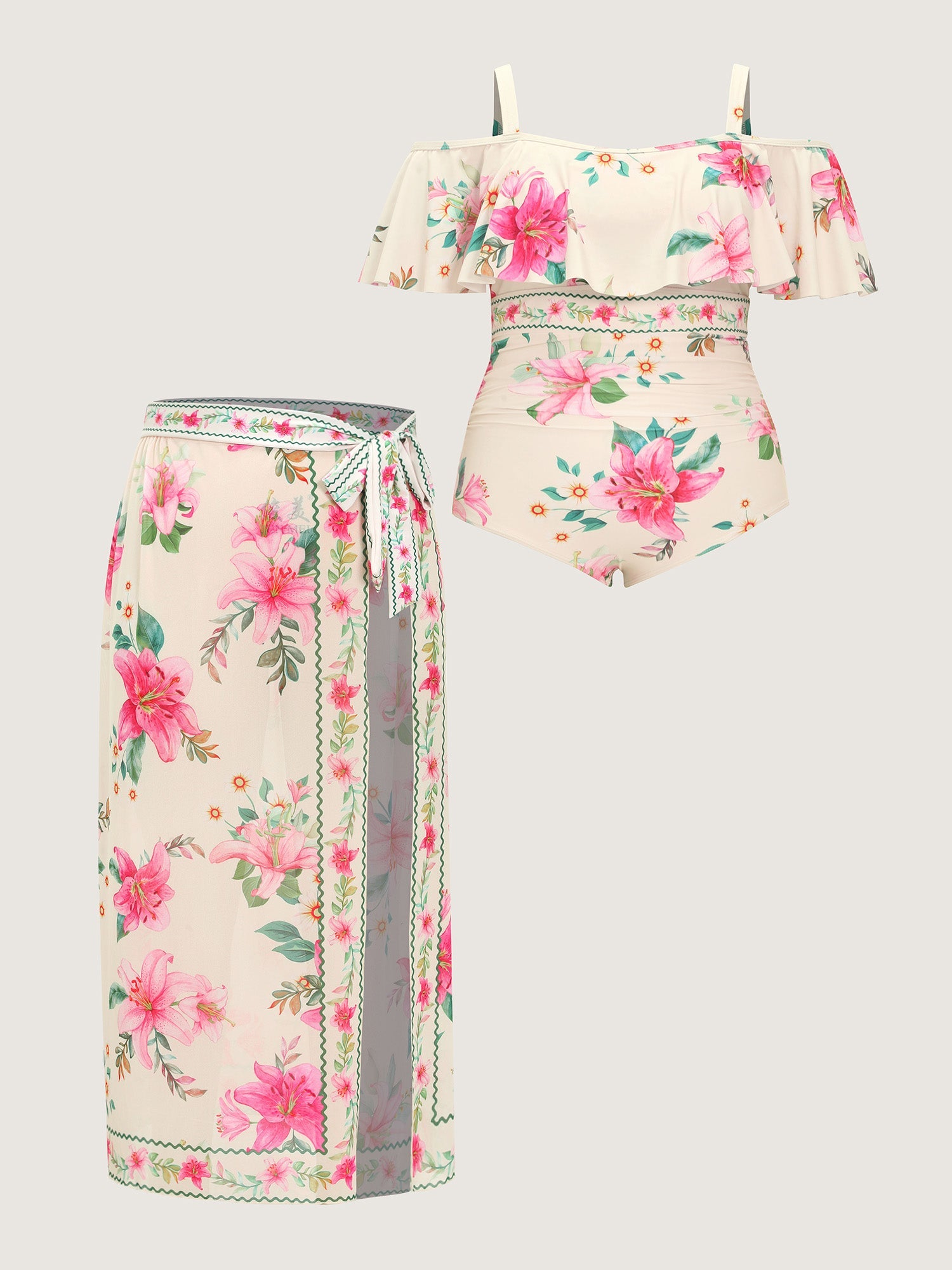 Sarong Set Floral Print Off-Shoulder One-Piece Swimsuit