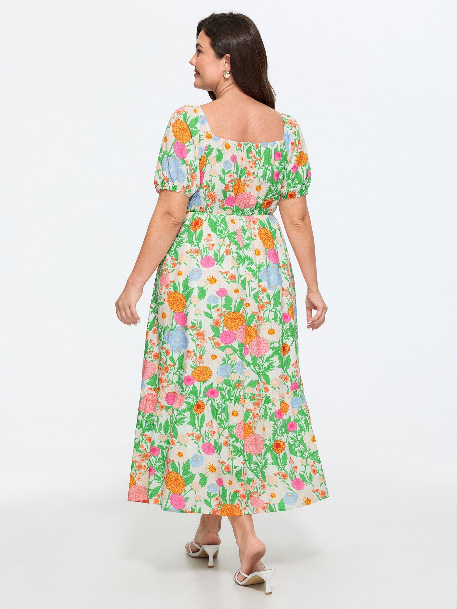 Floral Print Pleated Square Neckline Midi Dress