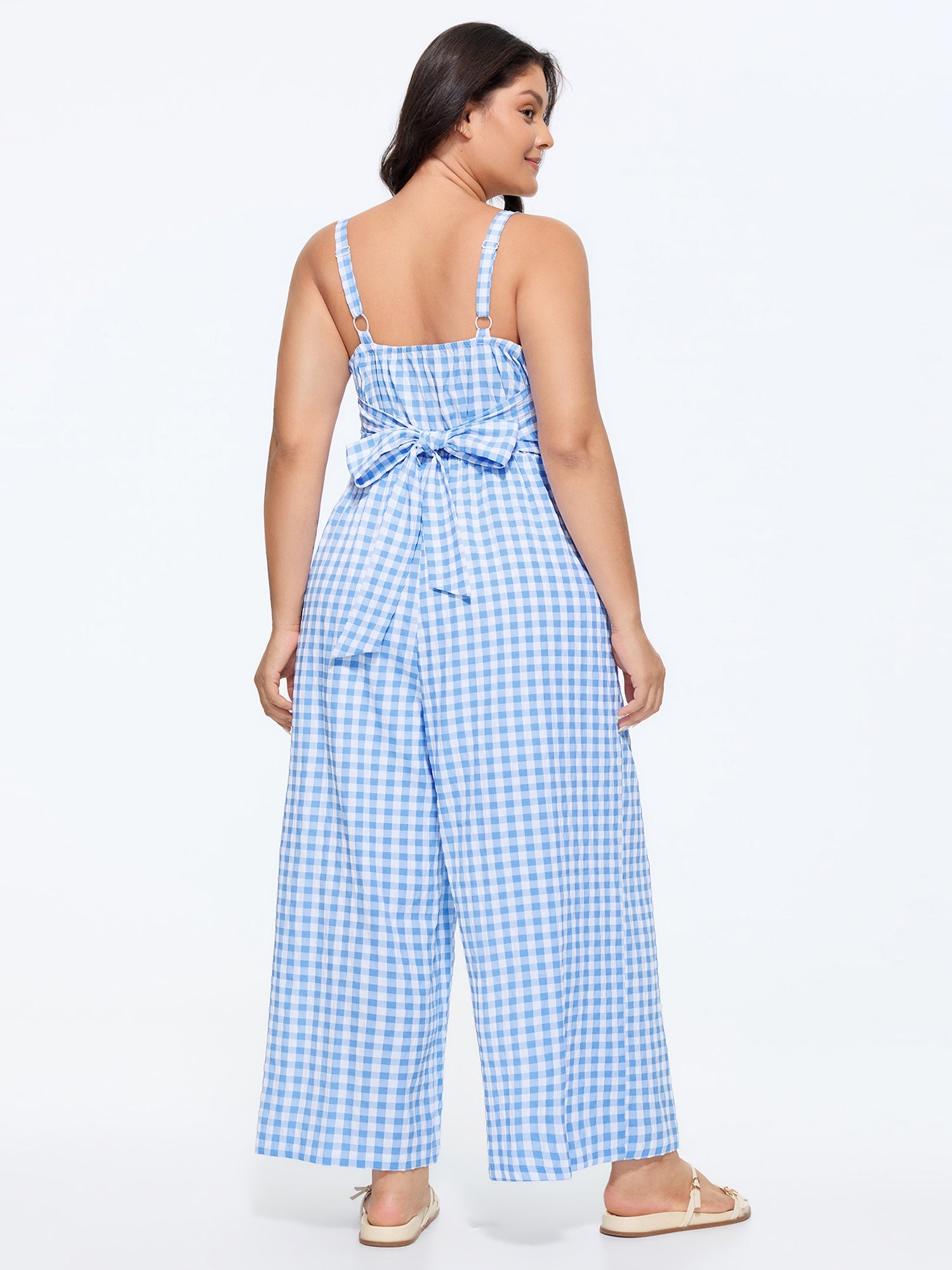 Checkered Print Back Bow-Tie Jumpsuit