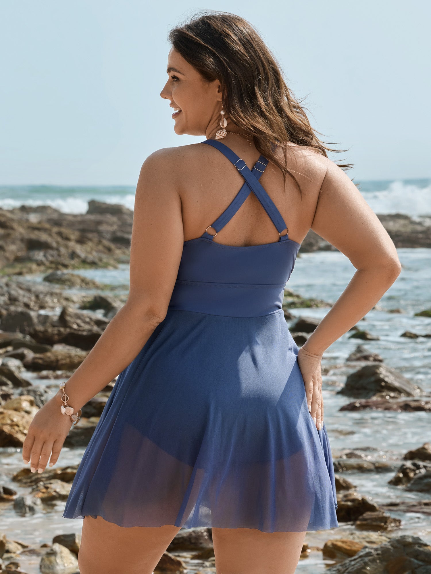 Sheer Layered Crossback Straps Swim Dress