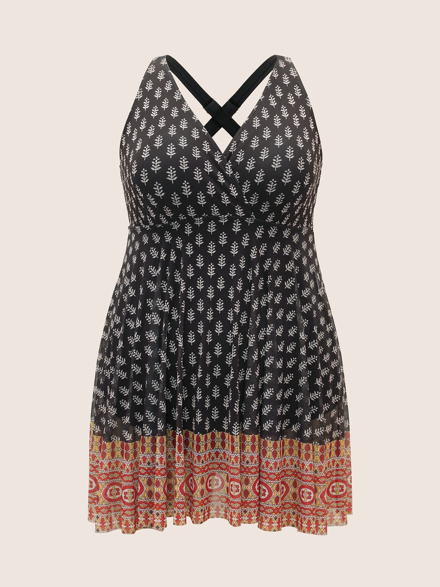 Overlap Collar Boho Print Patchwork Swim Dress