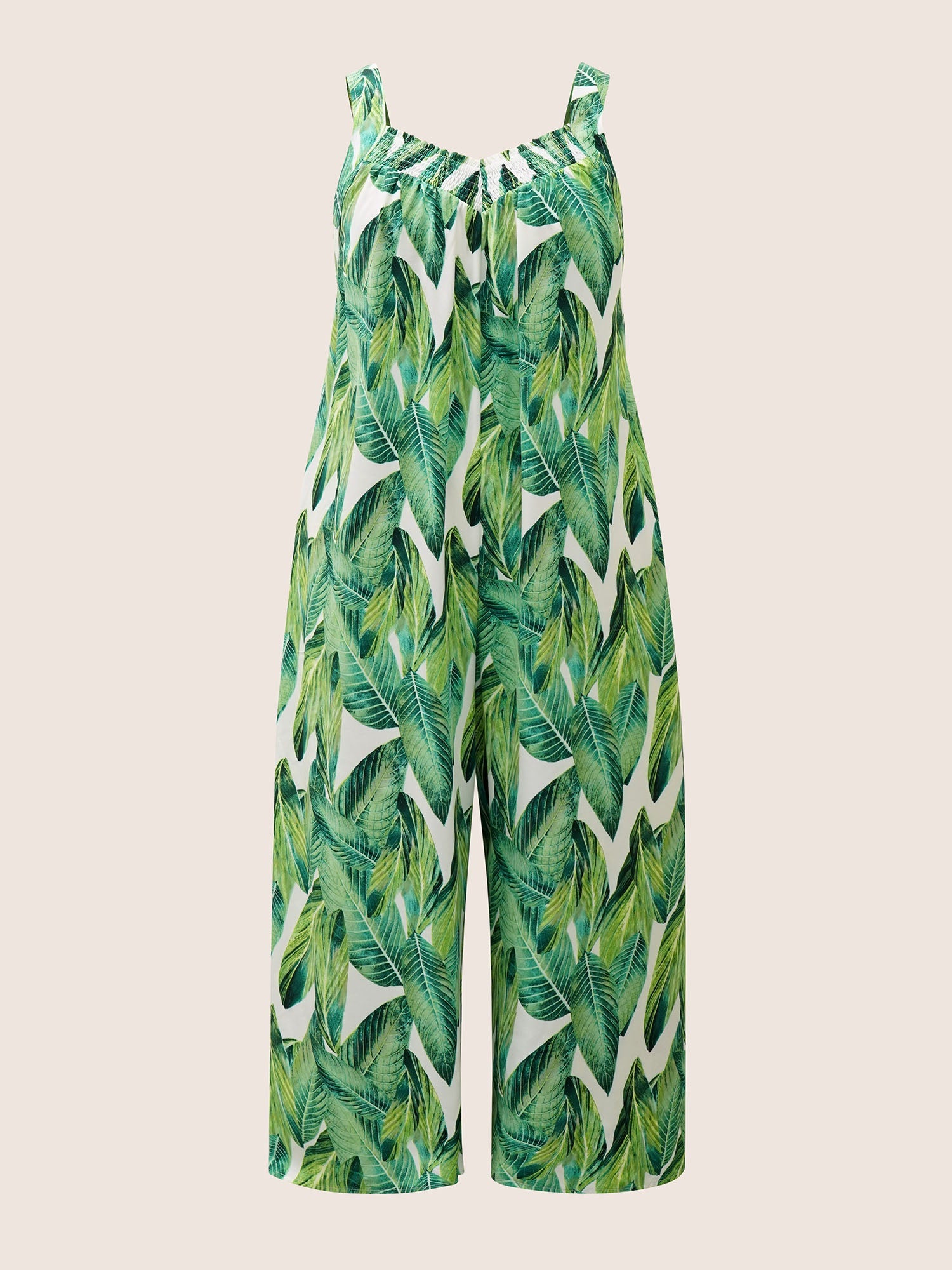 Tropical Print Shirred Side Seam Pocket Jumpsuit