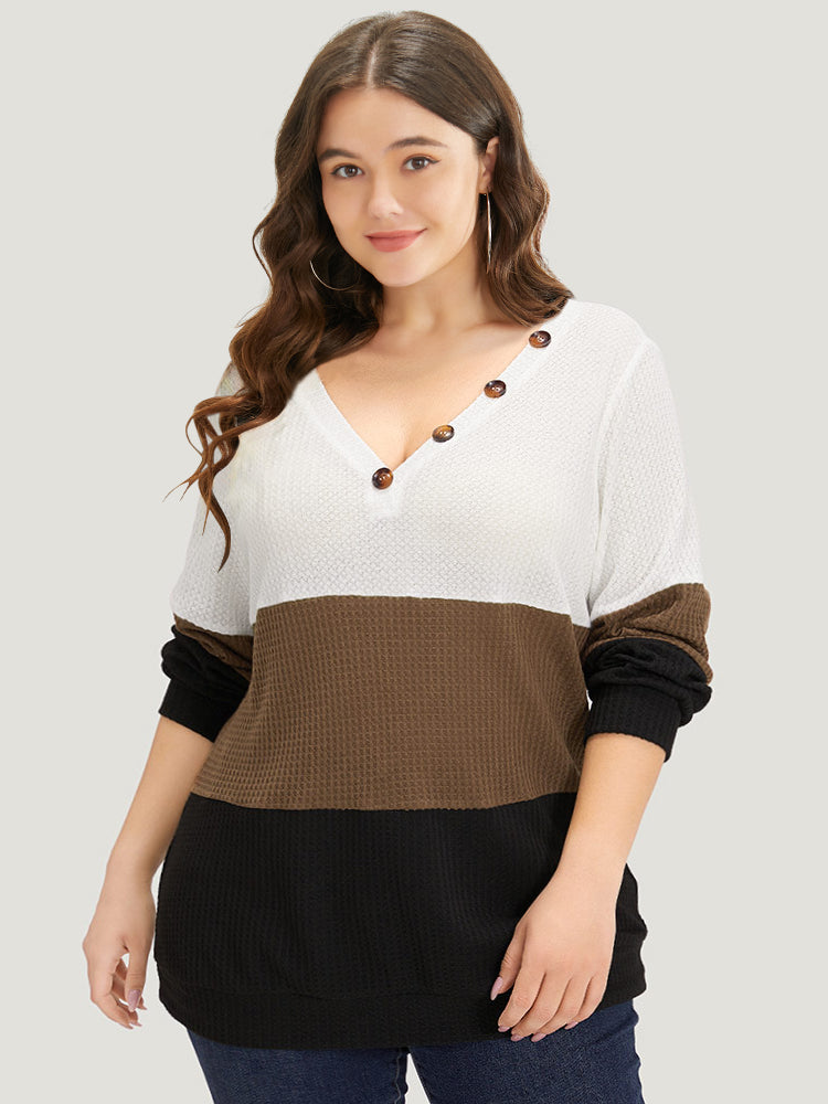 Waffle Knit Patchwork Button Detail Contrast Sweatshirt