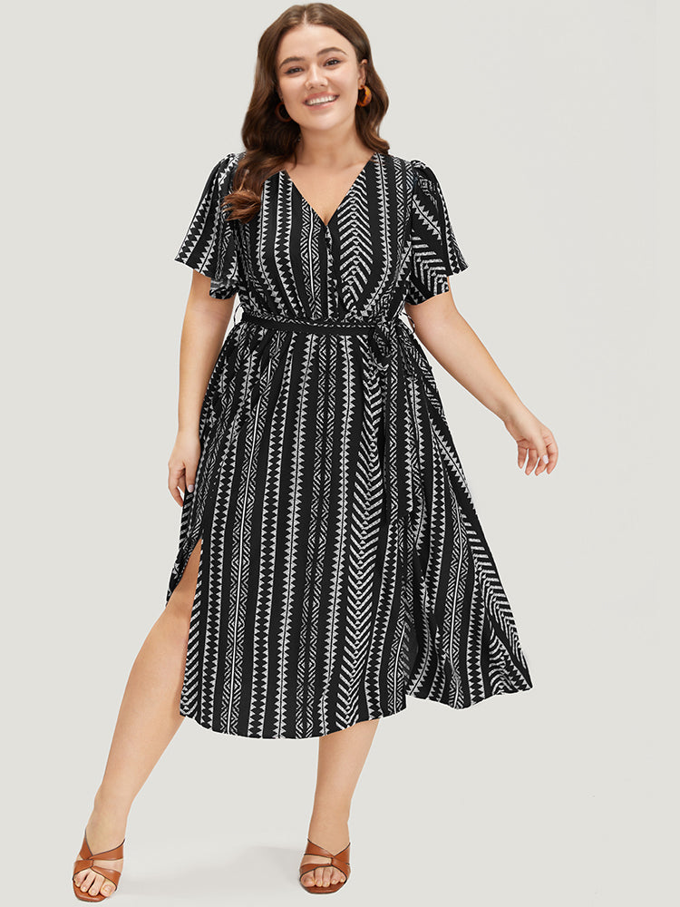 Geometric Print Flutter Sleeve Pocket Wrap Belt Split Dress