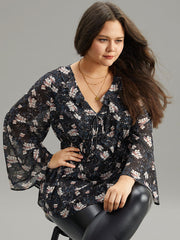 Ditsy Floral Ties Ruffles Elastic Waist Blouse